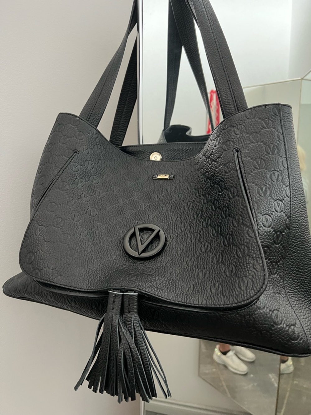 Mario Valentino Black Embossed Leather Tote with Tassel
